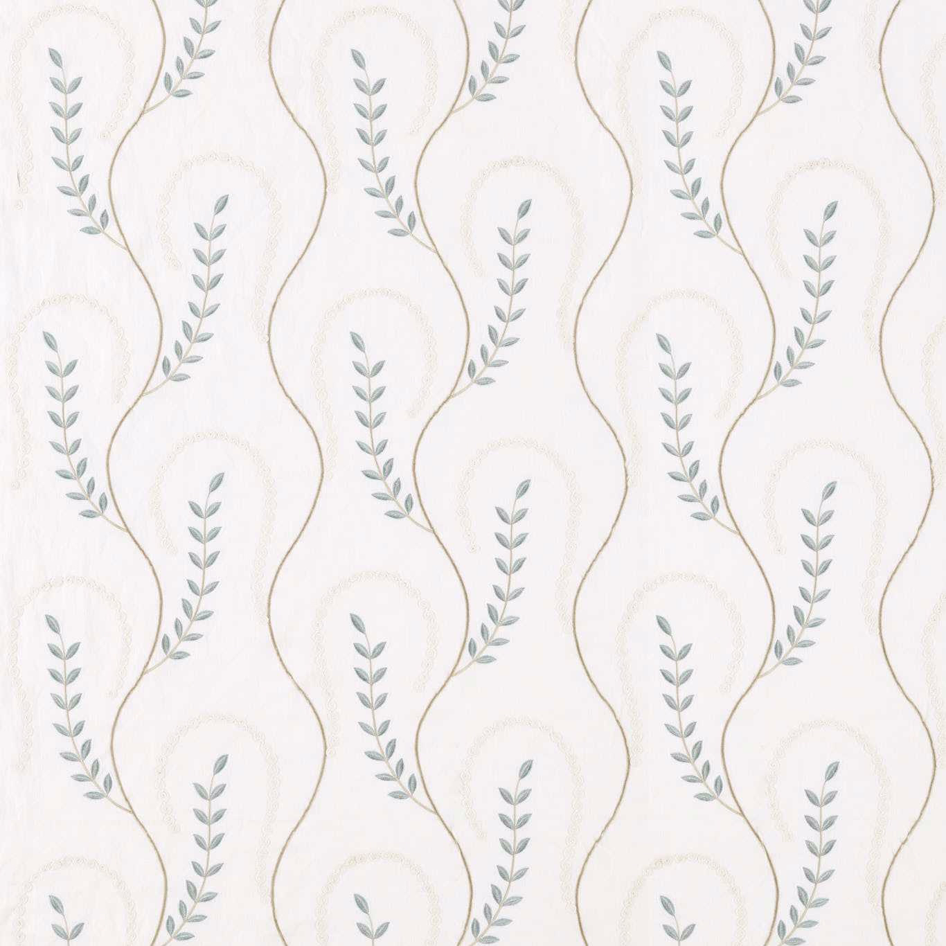 Pale patterned fabric with teal leaf trails and soft gold looping outlines