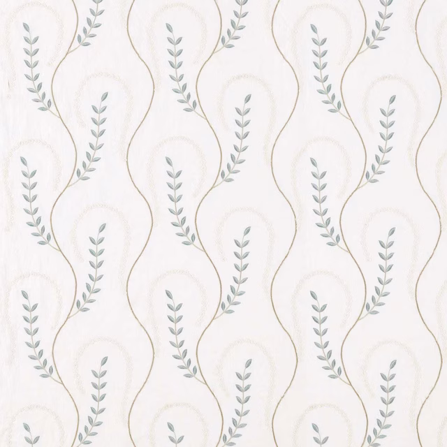 Pale patterned fabric with teal leaf trails and soft gold looping outlines