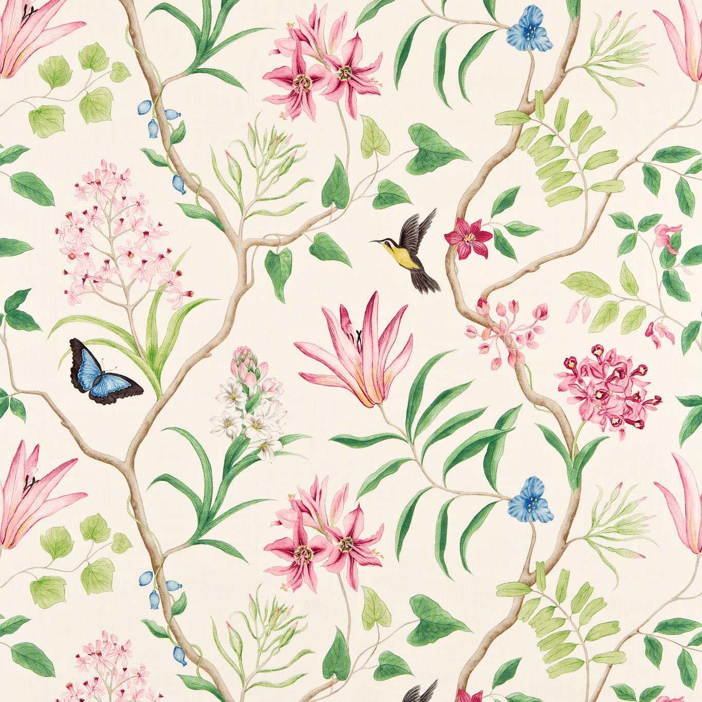 Cream botanical fabric with pink flowers, green leaves, butterflies and branches