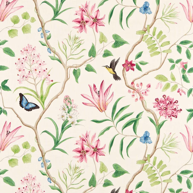 Cream botanical fabric with pink flowers, green leaves, butterflies and branches