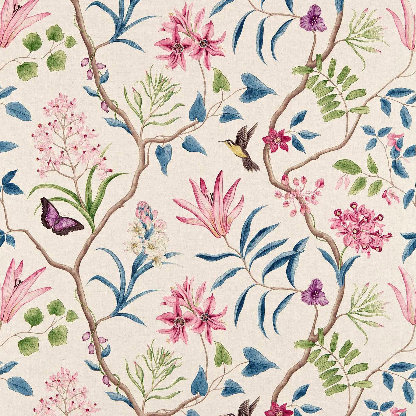 Large-scale botanical fabric with pink flowers, blue leaves and brown branches on ivory ground