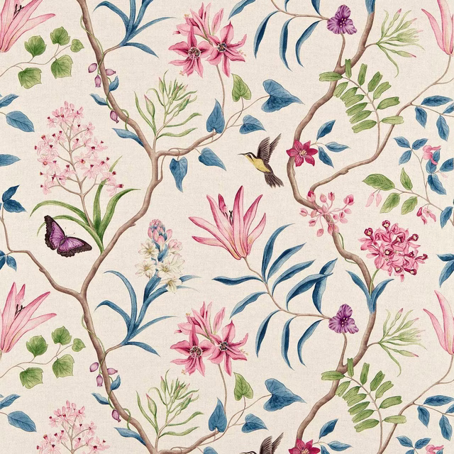 Large-scale botanical fabric with pink flowers, blue leaves and brown branches on ivory ground