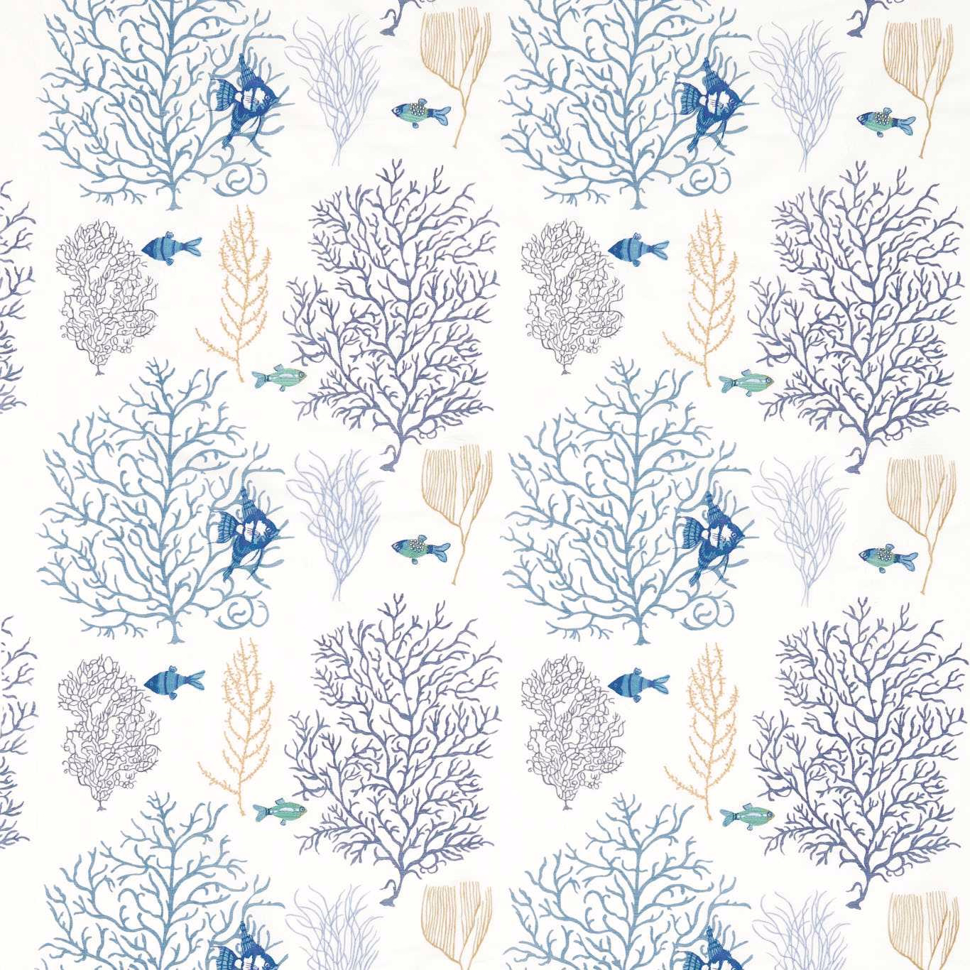 Marine blue coral and fish embroidery pattern on a pale ground