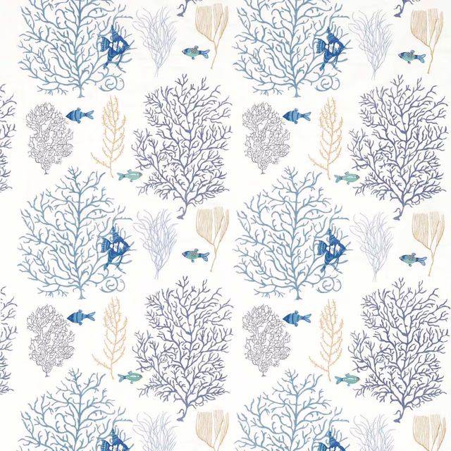 Marine blue coral and fish embroidery pattern on a pale ground