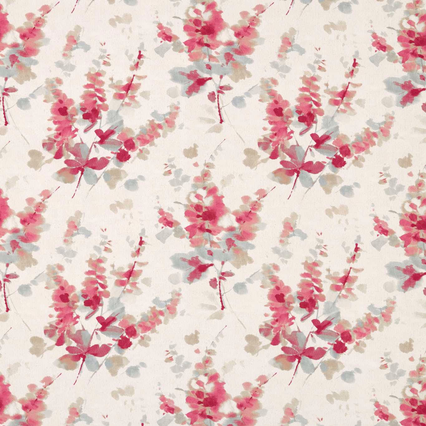 Coral pink and blush floral fabric on an ivory ground, with painterly leaves