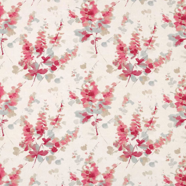 Coral pink and blush floral fabric on an ivory ground, with painterly leaves