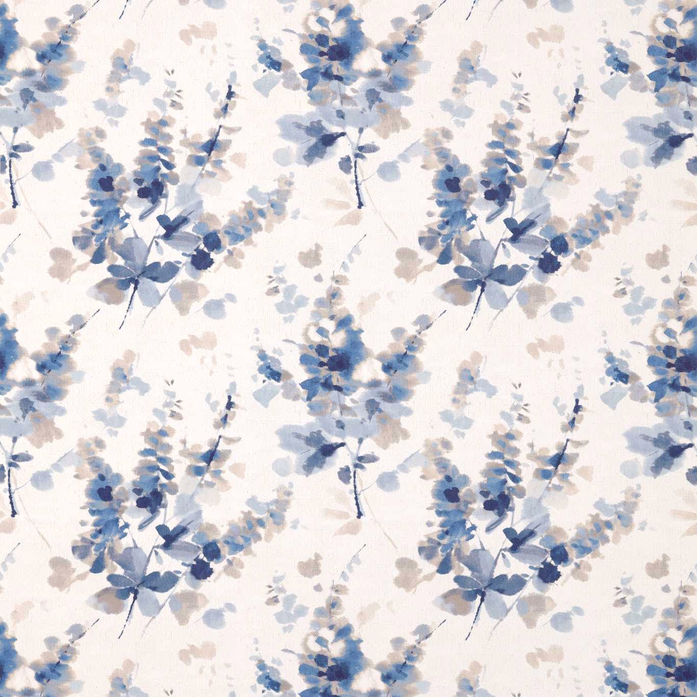 Painterly indigo and blue floral fabric on a pale ivory ground