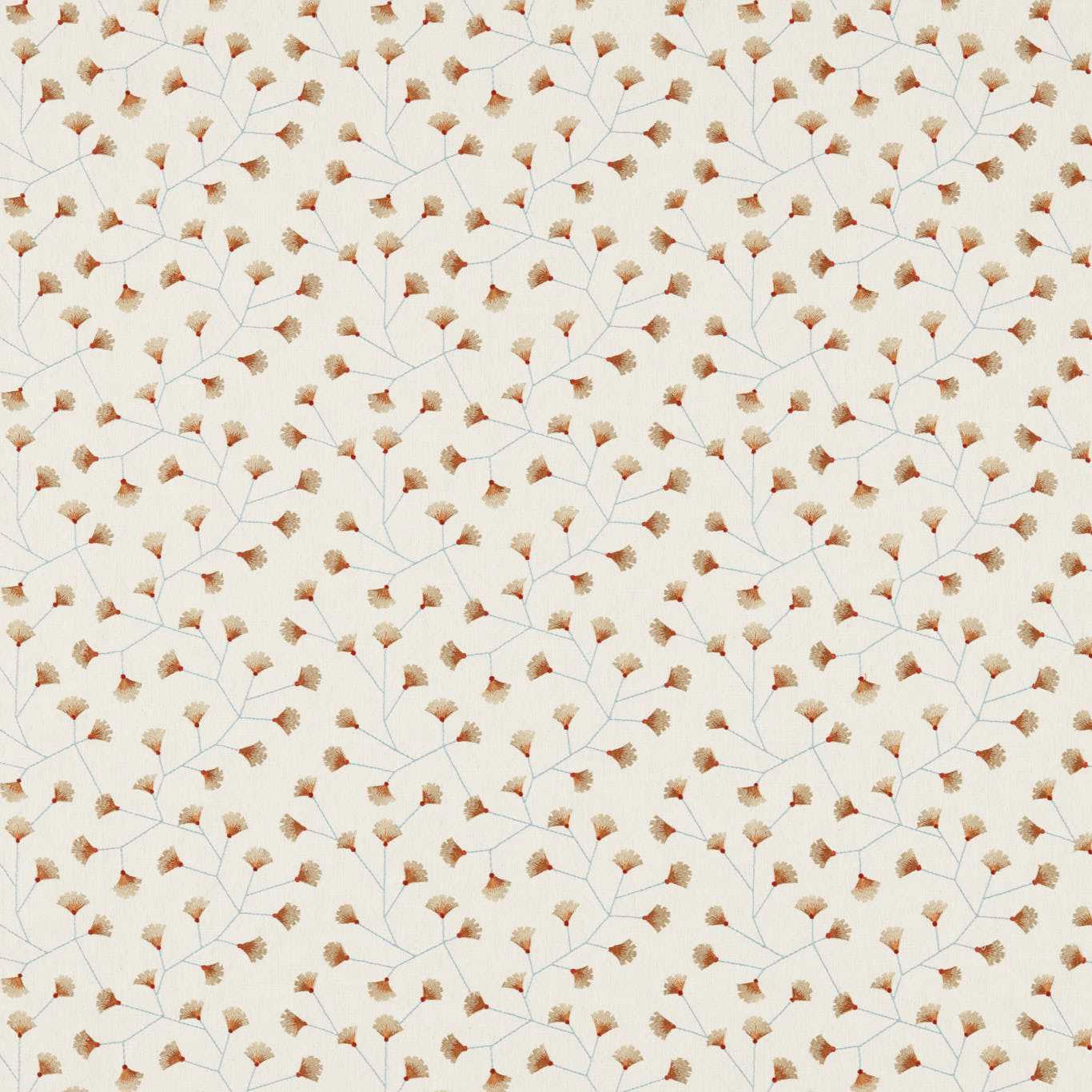 Ivory fabric with small brick and ochre gingko leaf trail pattern