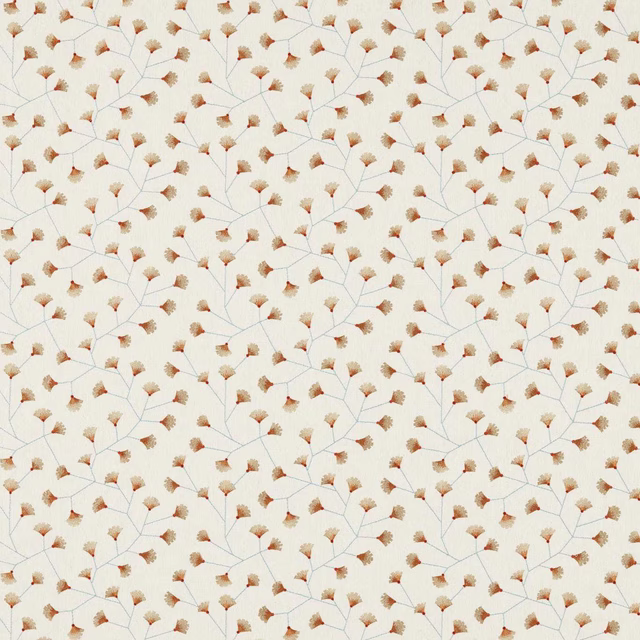 Ivory fabric with small brick and ochre gingko leaf trail pattern