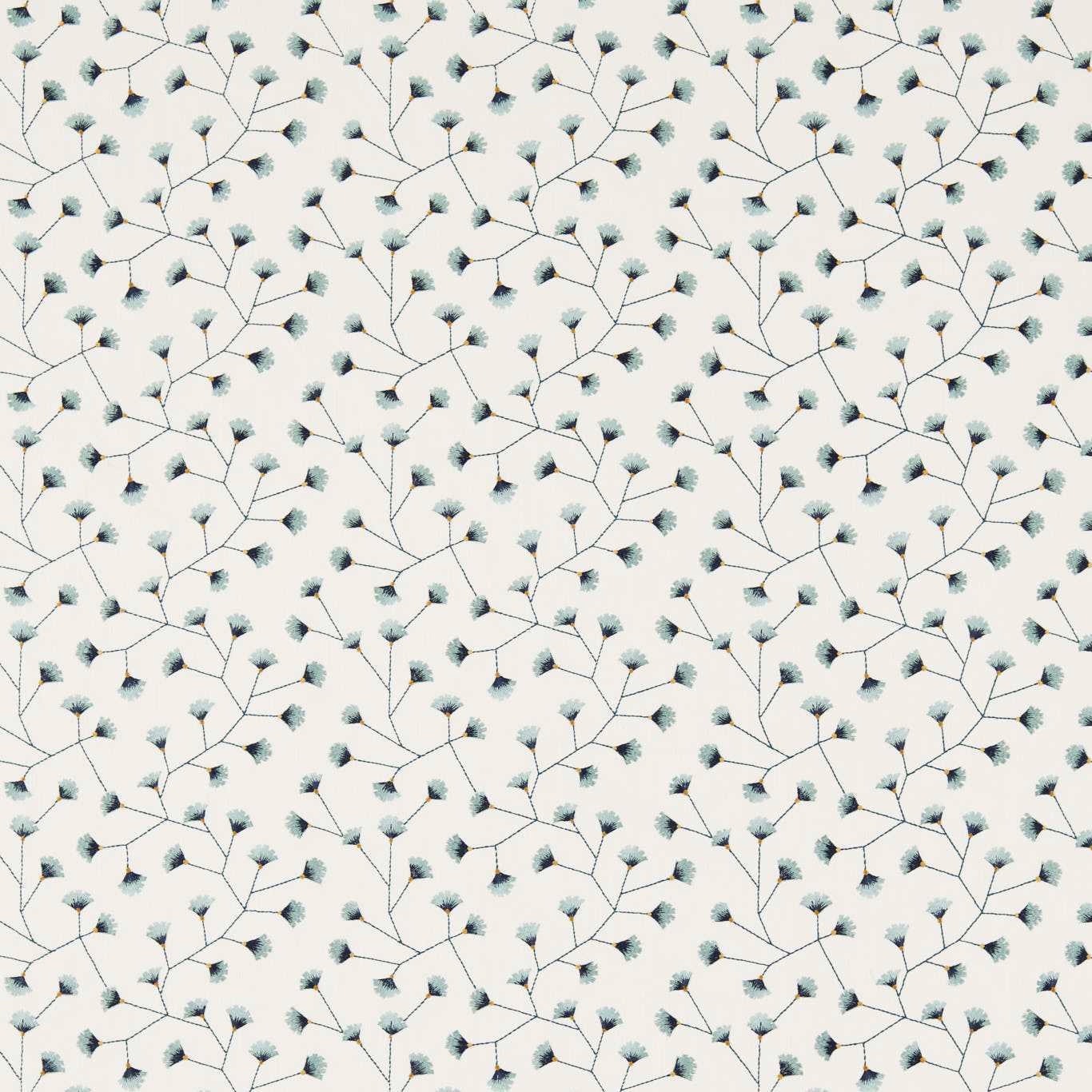 Cream fabric swatch with fine branching botanical trail and Dijon accents