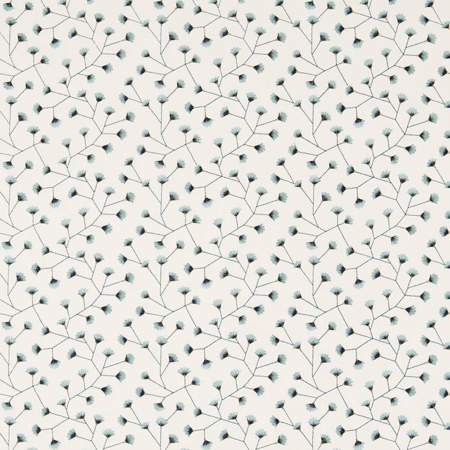 Cream fabric swatch with fine branching botanical trail and Dijon accents
