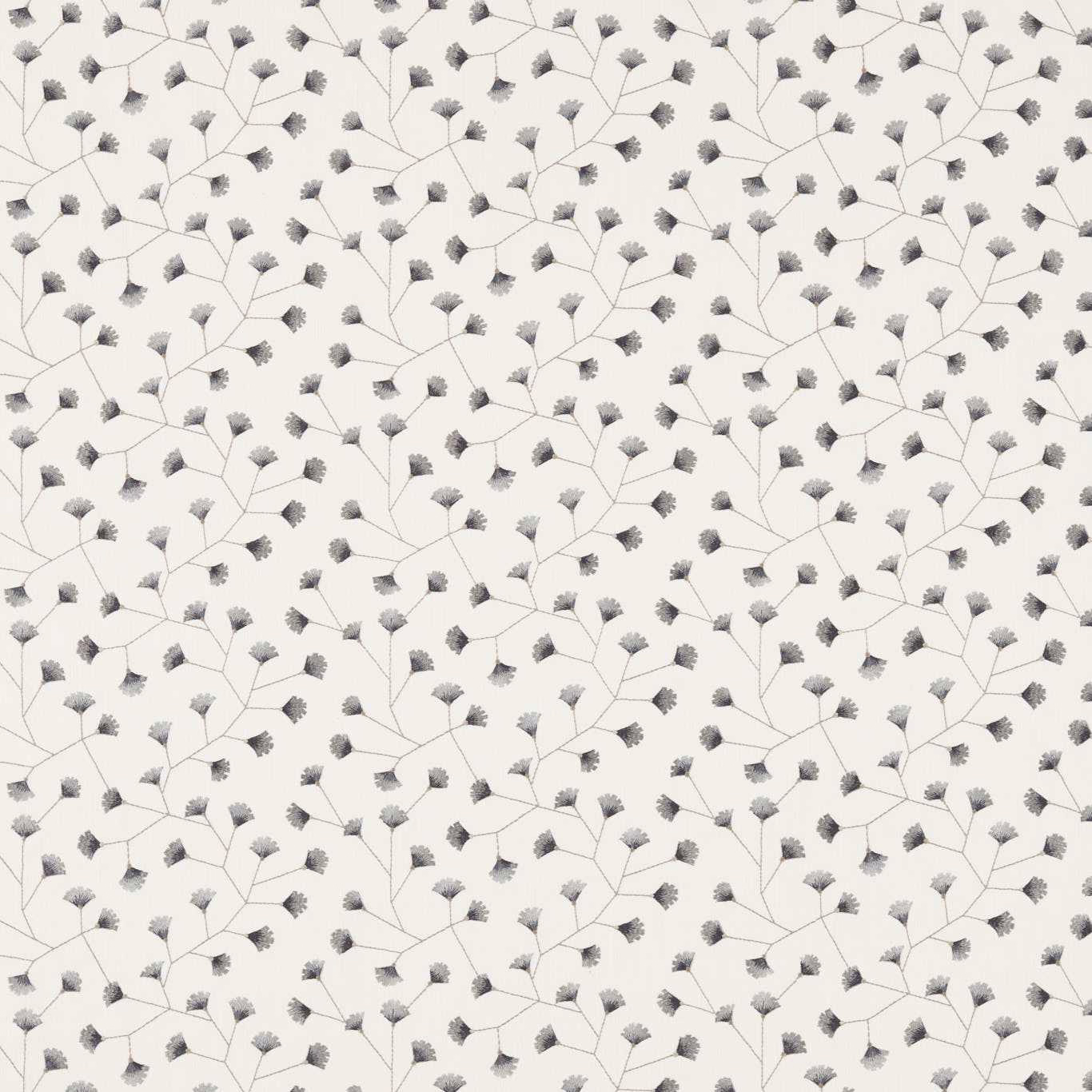 Ivory fabric with fine mineral-grey botanical trail and tiny clustered leaves