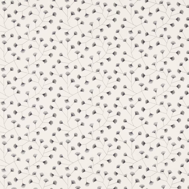 Ivory fabric with fine mineral-grey botanical trail and tiny clustered leaves