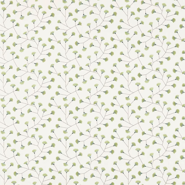 Ivory fabric with small sage ginkgo leaves and fine dark branching stems