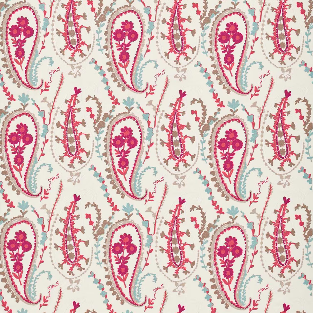 Coral pink and aqua paisley swatch on a pale woven ground