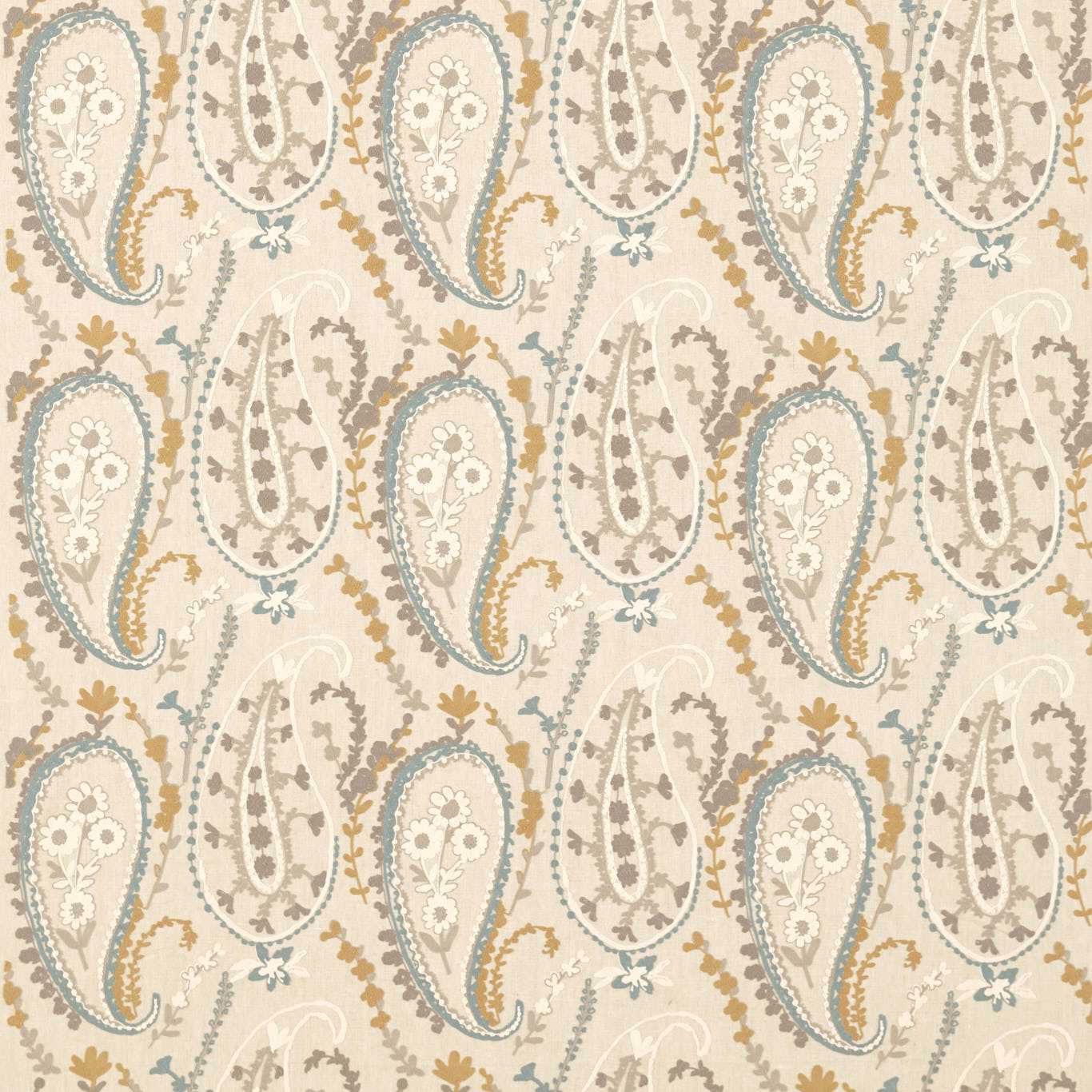 Paisley woven fabric in linen, taupe and Wedgwood blue with soft floral details