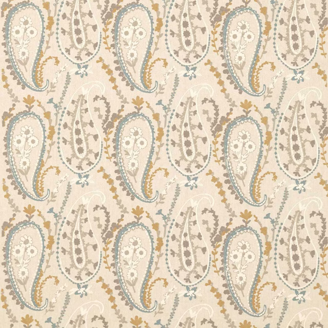 Paisley woven fabric in linen, taupe and Wedgwood blue with soft floral details