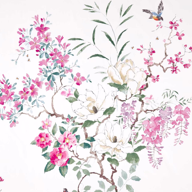 Watercolour-style pink blossom and white magnolia print with green leaves on a pale ground