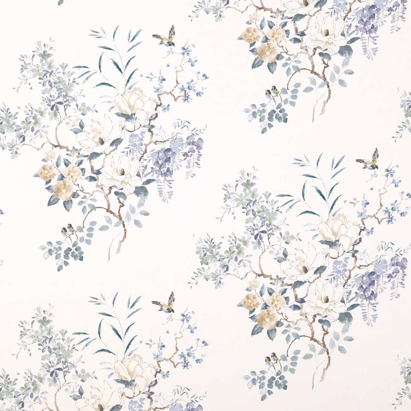 Soft ivory fabric with painted teal and lavender floral sprigs