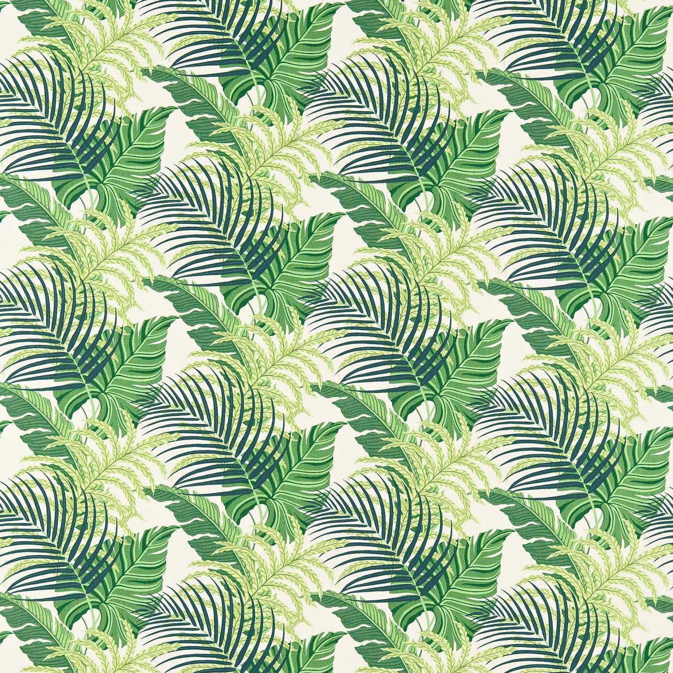 Green tropical leaf print on ivory ground, with layered palm fronds and banana leaves