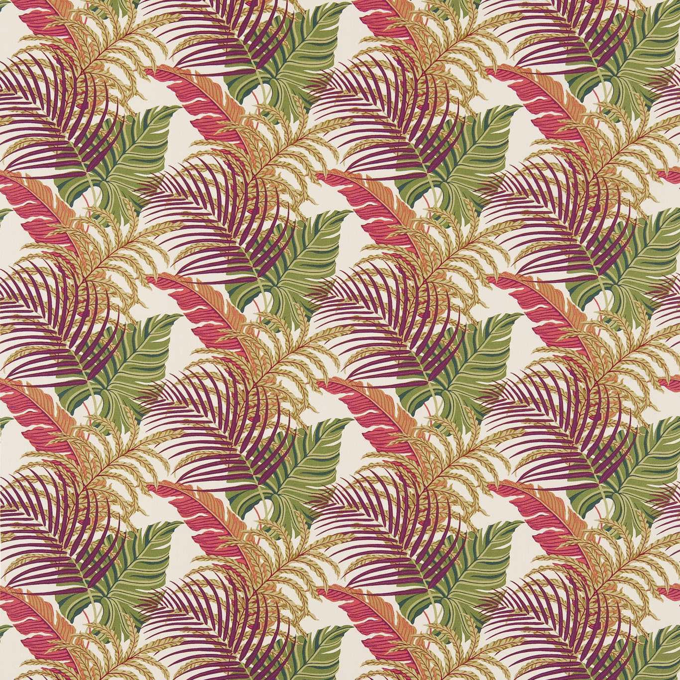 Mulberry, green and coral tropical leaf print on a sand ground
