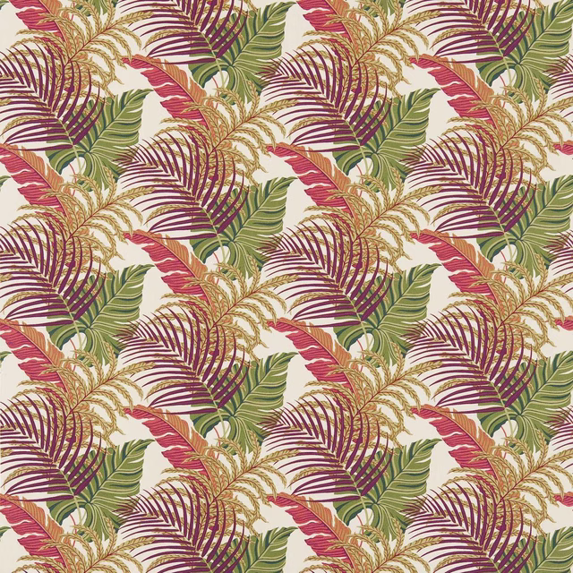 Mulberry, green and coral tropical leaf print on a sand ground