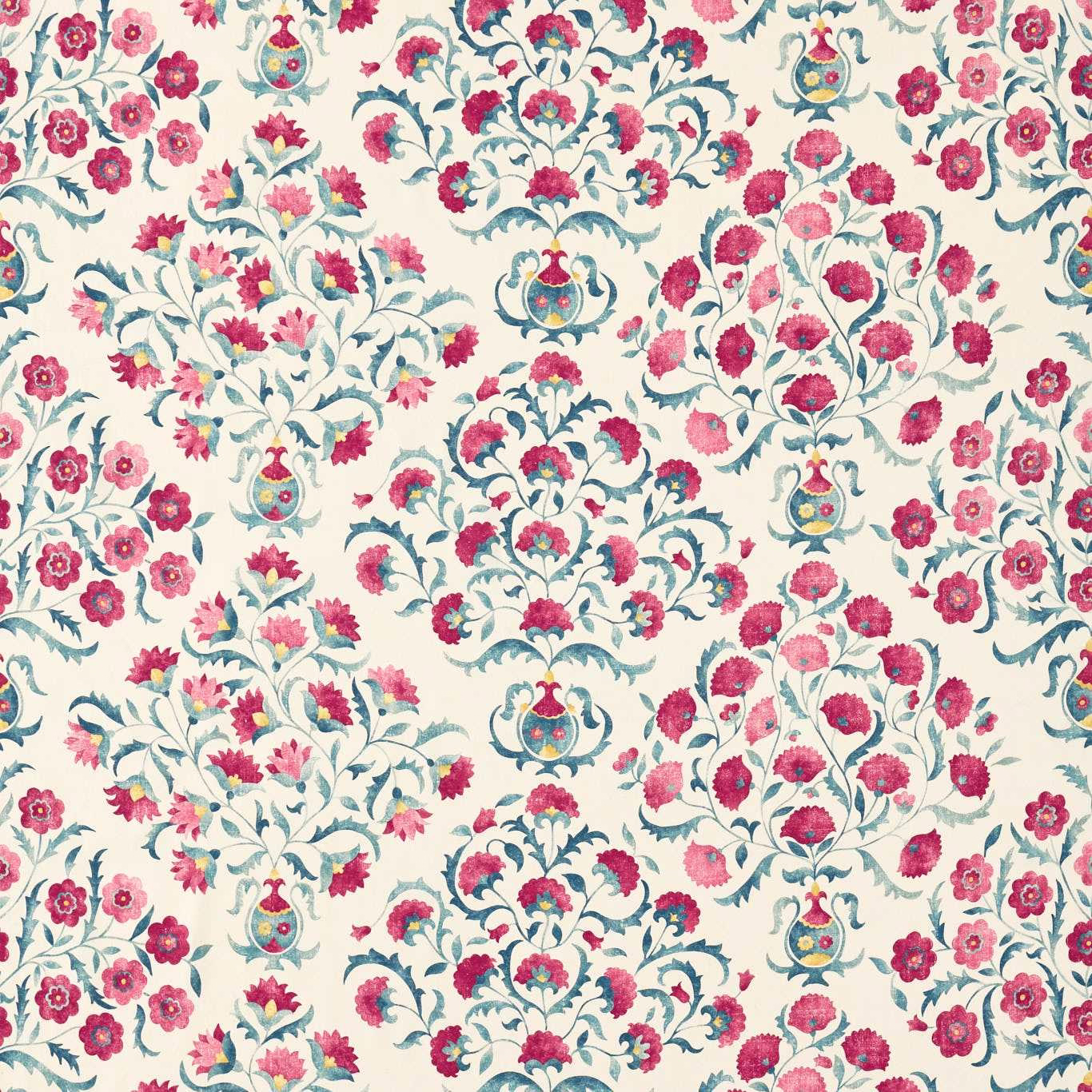Cream fabric swatch with cherry pink flowers and indigo scrolling stems