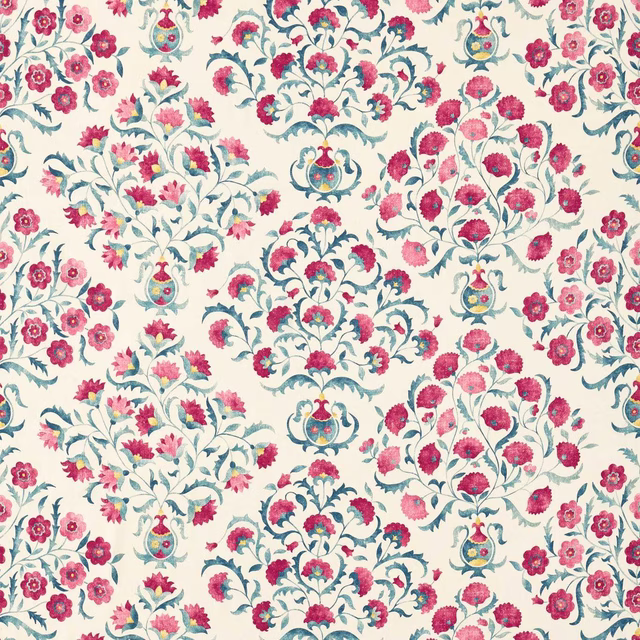 Cream fabric swatch with cherry pink flowers and indigo scrolling stems