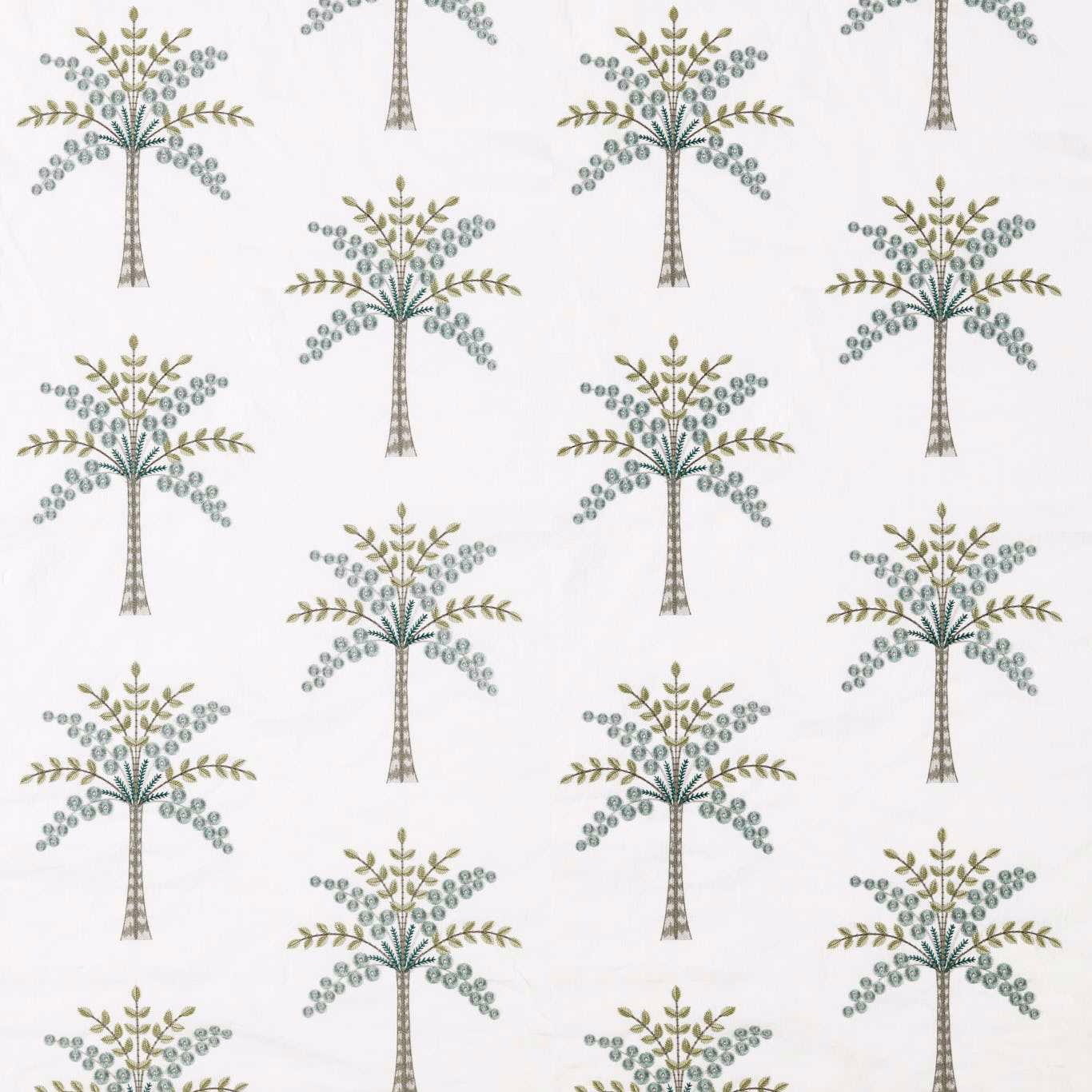 Swatch of embroidered palm tree pattern in muted teal and olive on white ground