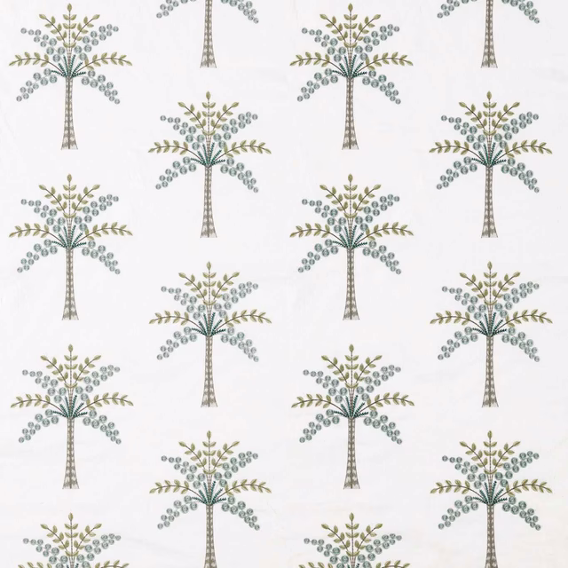 Swatch of embroidered palm tree pattern in muted teal and olive on white ground