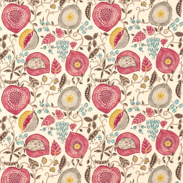 Painterly cherry pink and grey fruit motifs on a cream linen ground
