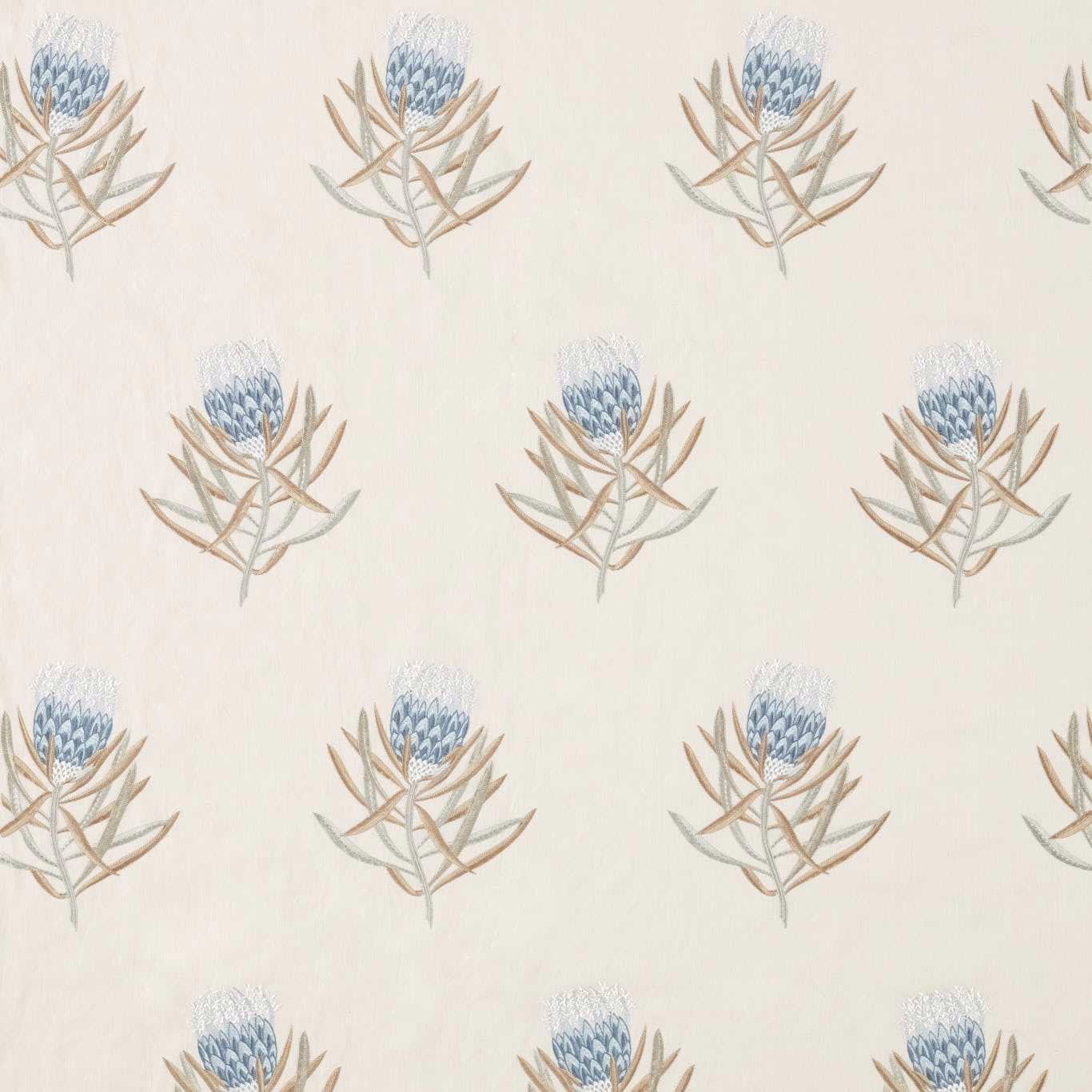 Cream fabric swatch with repeating blue protea flowers and beige stems