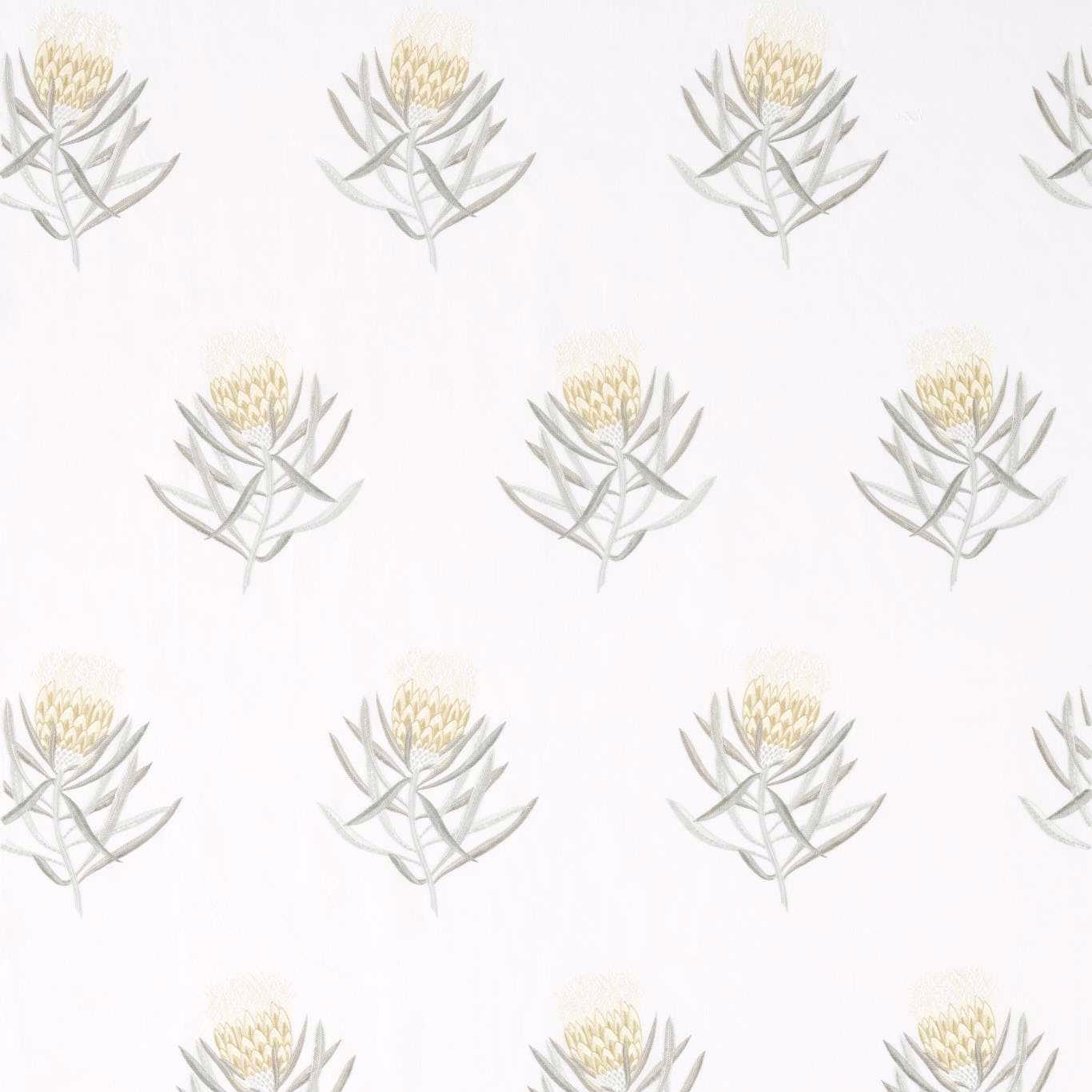 Pale protea floral fabric with daffodil yellow blooms and grey-green leaves