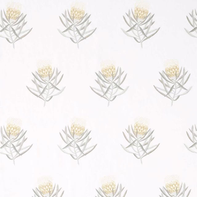 Pale protea floral fabric with daffodil yellow blooms and grey-green leaves