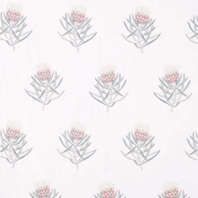 White fabric swatch with repeated pale protea flowers in blush and sage tones
