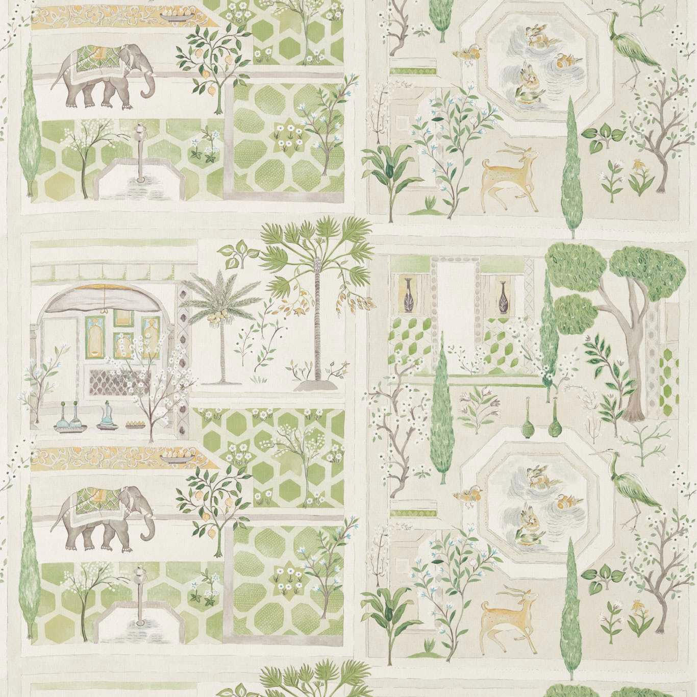 Large scenic botanical fabric swatch in soft garden green and cream