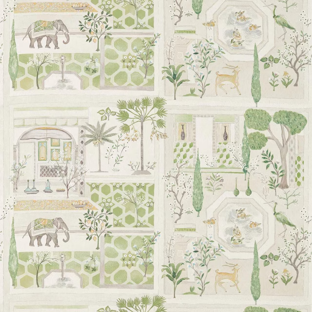 Large scenic botanical fabric swatch in soft garden green and cream