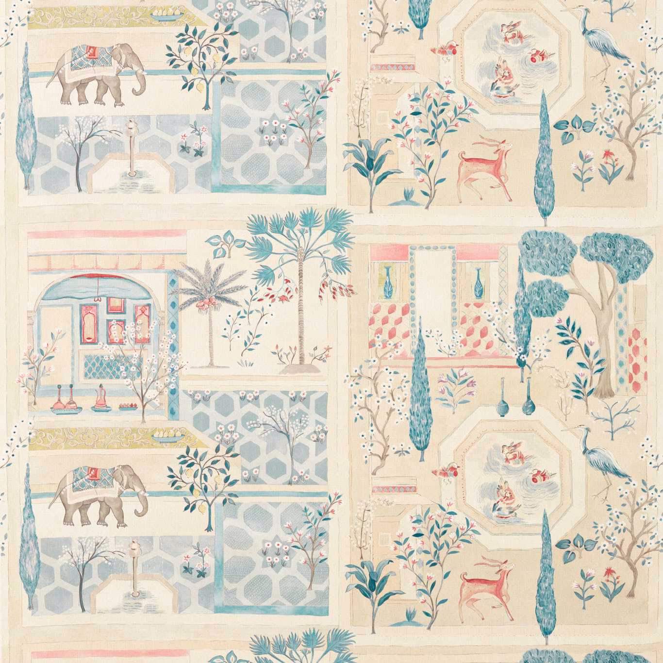 Scenic fabric swatch with teal motifs, ruby accents and pale ground