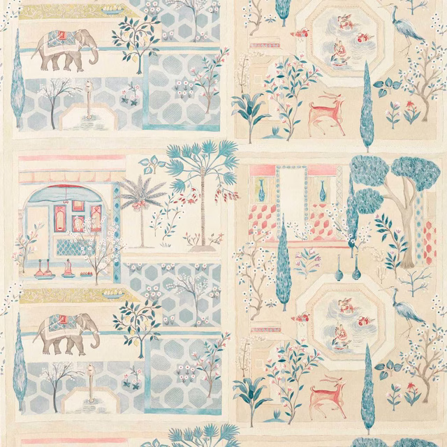 Scenic fabric swatch with teal motifs, ruby accents and pale ground