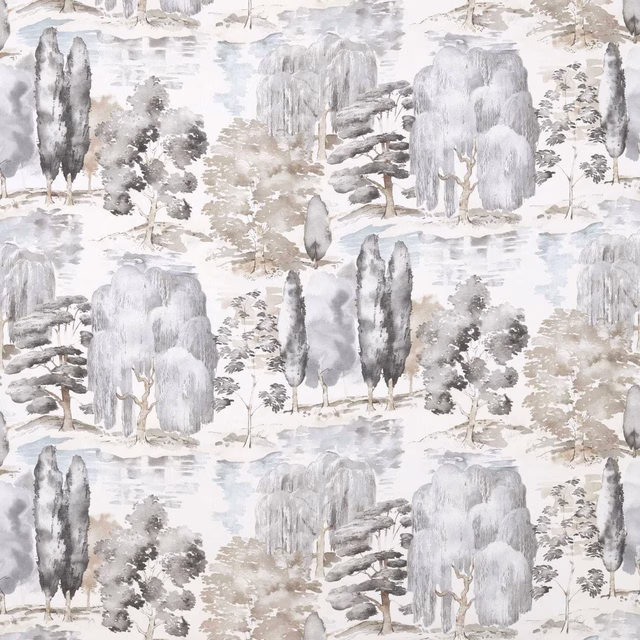 Painterly grey landscape fabric with charcoal trees and pale misty foliage