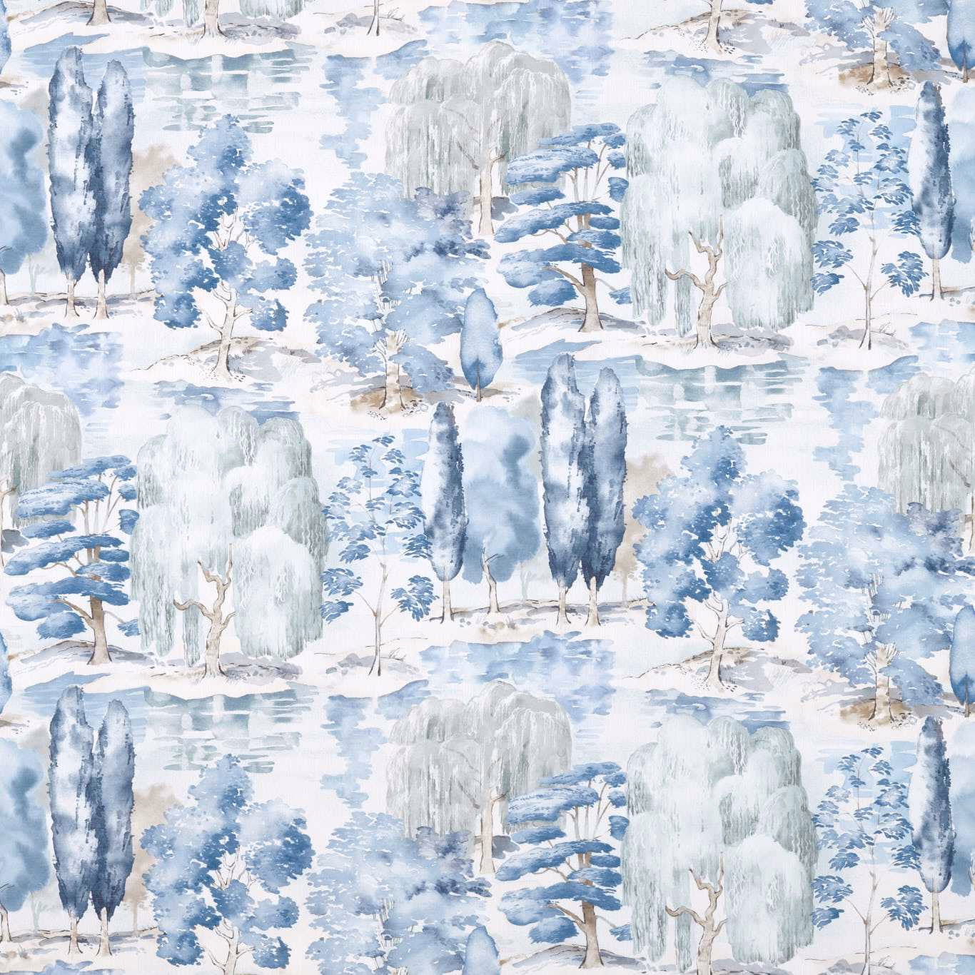 Painterly indigo tree landscape fabric with pale blue and grey water scenes