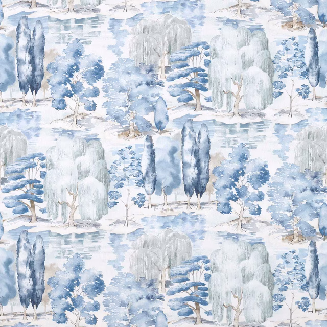Painterly indigo tree landscape fabric with pale blue and grey water scenes