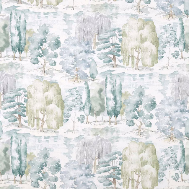 Pastel scenic fabric with willow trees in mint, aqua and grey