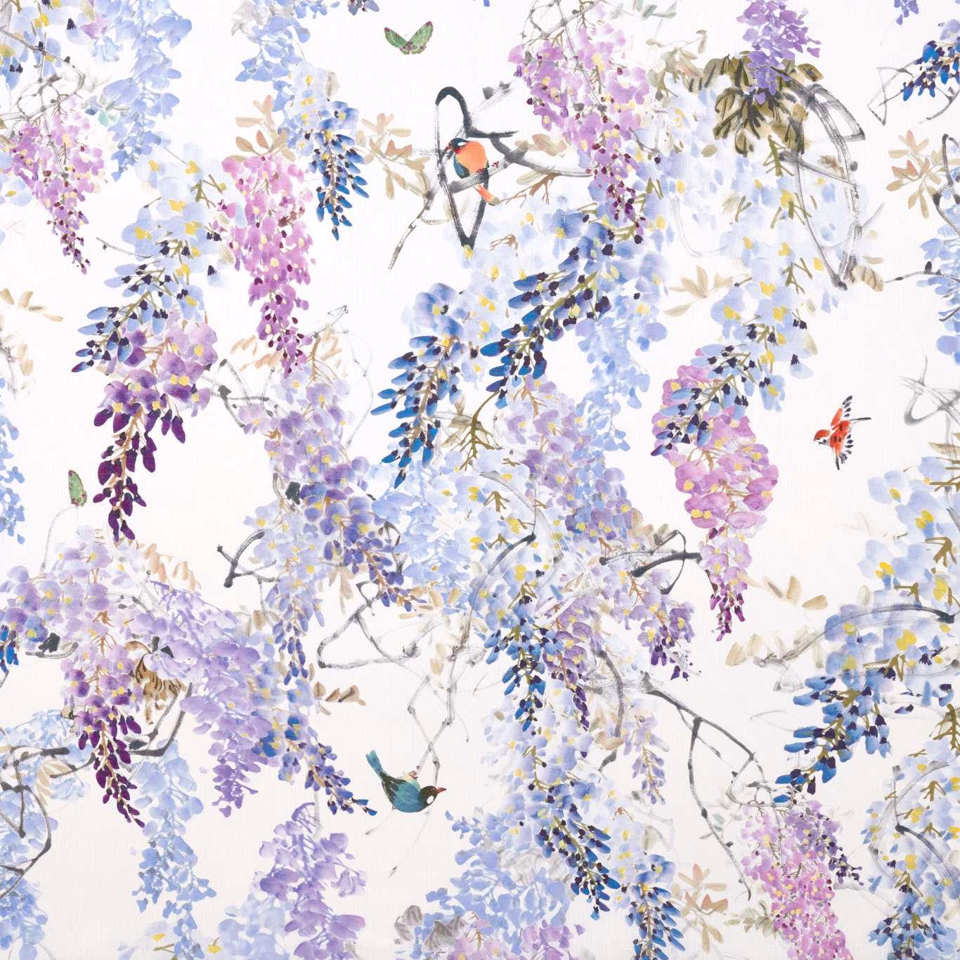 Watercolour wisteria clusters in lilac, blue and amethyst on white fabric
