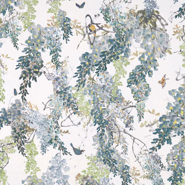 Watercolor wisteria-style foliage print in mineral blue, teal and pale green on white