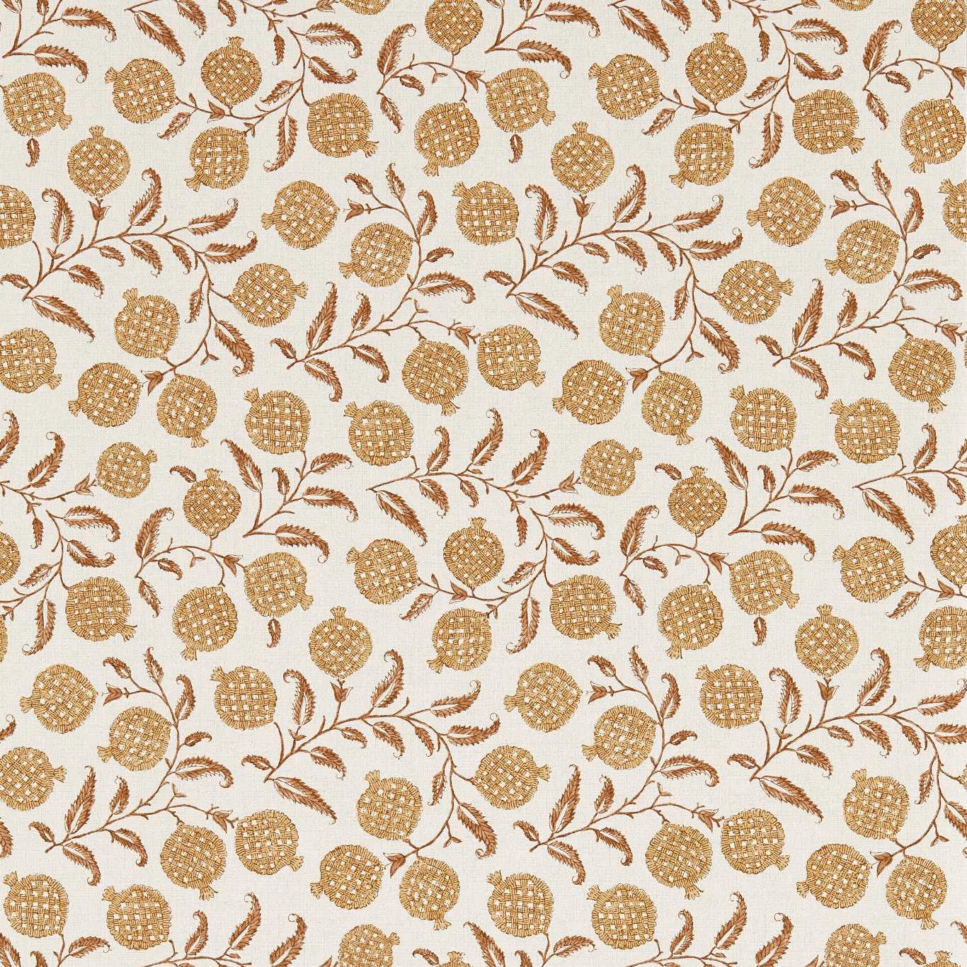 Warm cream wallpaper with ochre pomegranate motifs, curling stems and feathery brown leaves