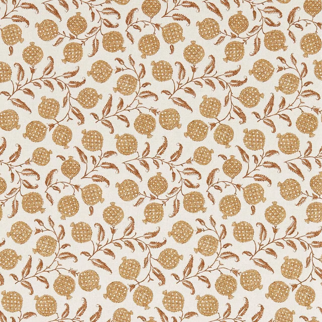 Warm cream wallpaper with ochre pomegranate motifs, curling stems and feathery brown leaves