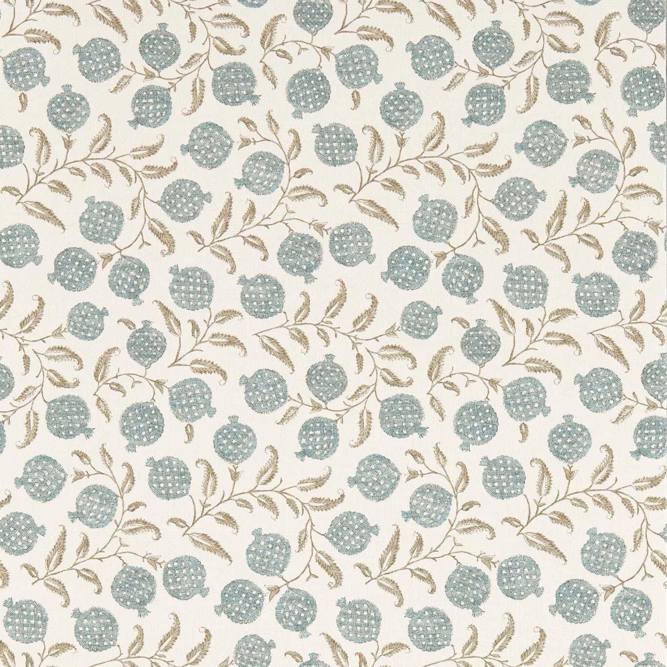 Cream wallpaper with repeating mineral-blue fruit, taupe stems and curling botanical leaves