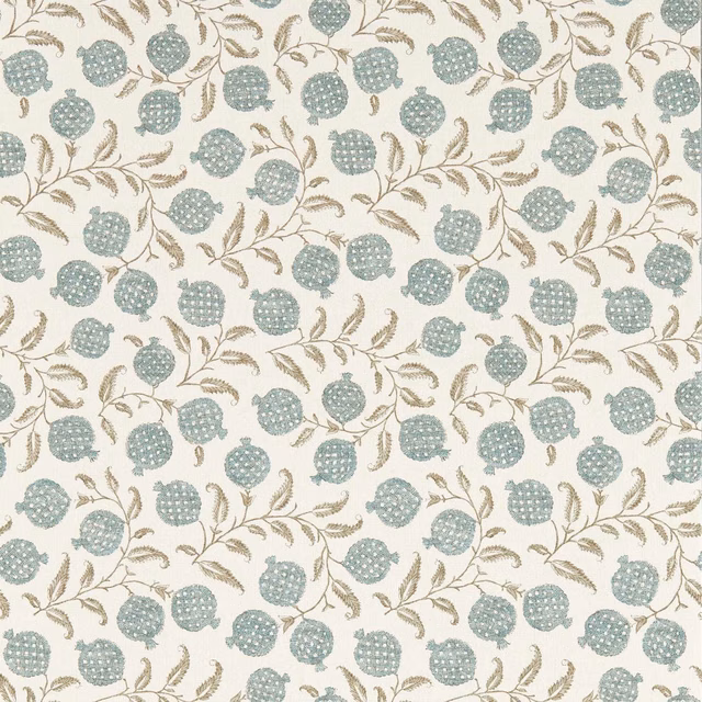 Cream wallpaper with repeating mineral-blue fruit, taupe stems and curling botanical leaves