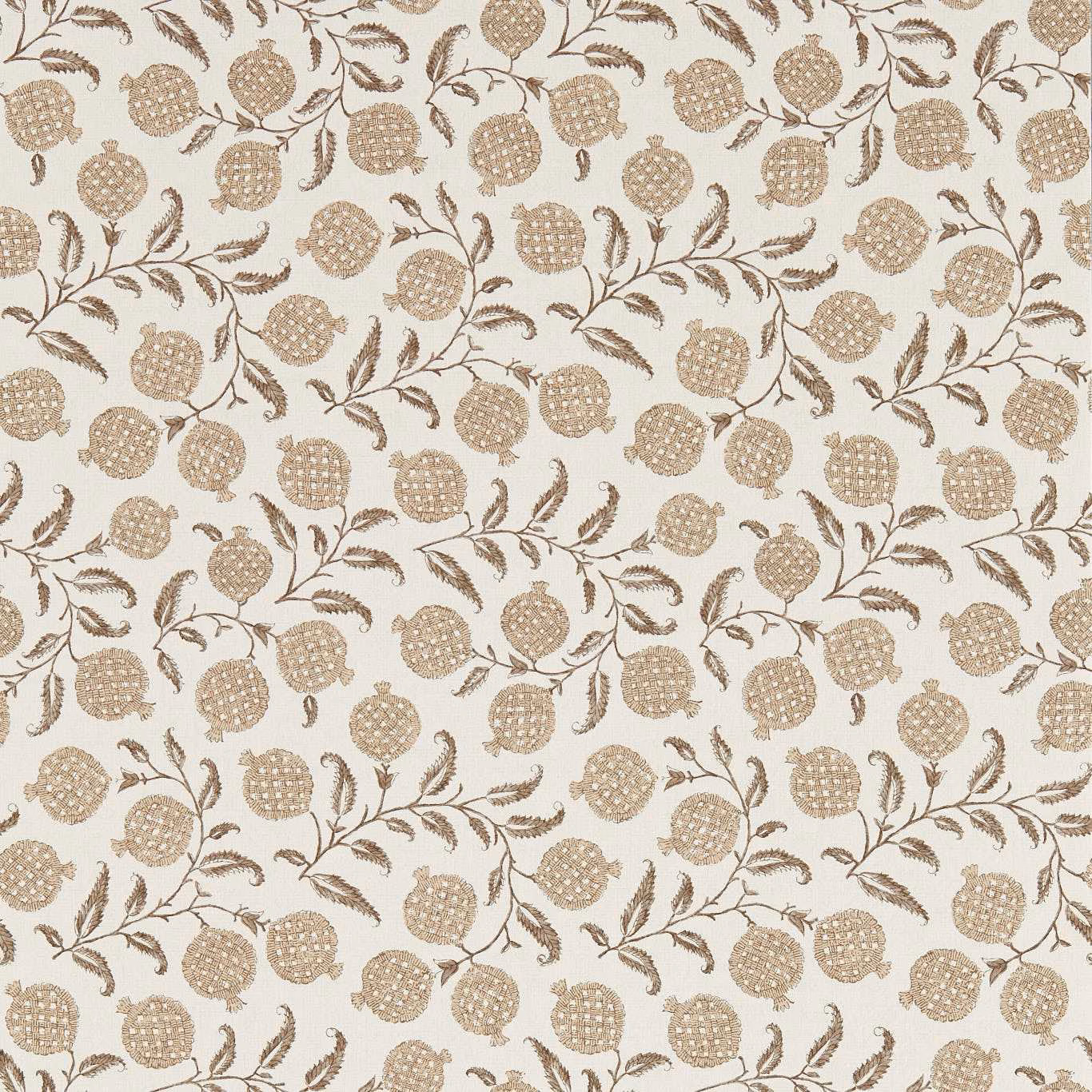 Warm cream wallpaper with taupe pomegranates, curling stems and fine botanical leaves